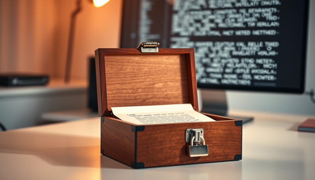 A secure and visually appealing offline seed phrase storage solution, featuring a stylish, locked wooden box on a sleek tabletop. The box is half-open, revealing a neatly folded paper inside with hash codes. Soft, warm lighting highlights the box's elegant finish, casting a subtle shadow to enhance depth. In the background, a smooth computer setup with a monitor displaying code is out of focus, suggesting a secure digital environment. The mood is calm and professional, emphasizing the importance of security in cryptocurrency management. Capture this from a slightly elevated angle to show both the box and the inviting workspace around it. The overall composition should convey trust and meticulousness in cryptocurrency security practices.