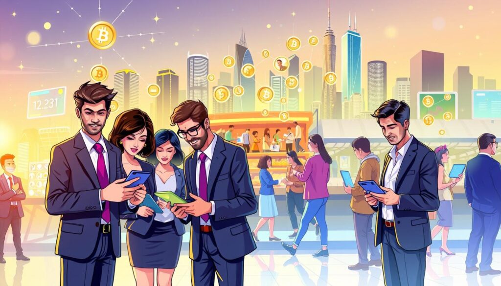 A vibrant digital illustration depicting the various use cases of stablecoins in a dynamic and engaging setting. In the foreground, a diverse group of professionals, dressed in smart business attire, are exchanging digital currencies on sleek mobile devices, with focused expressions. The middle layer features a bustling marketplace scene, showcasing diverse individuals using stablecoins for remittances, represented by digital transaction icons flowing between them. In the background, a modern city skyline symbolizes growth and innovation, with digital screens displaying stablecoin data in a futuristic style. The lighting is bright and inviting, with a warm color palette that conveys a sense of trust and stability. The overall mood is optimistic, reflecting the potential of stablecoins in transforming payments and trading.