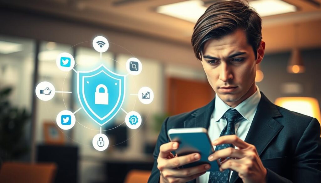 A visually compelling depiction of social media safety in the context of fake support scams. In the foreground, illustrate a concerned individual dressed in professional business attire, closely examining a smartphone displaying various social media icons. Their expression reflects caution and awareness. In the middle ground, incorporate a digital shield symbolizing protection against scams, surrounded by icons representing 2FA and phishing defense. The background should feature a blurred office environment with soft, warm lighting, creating a focused, serious atmosphere. Use a slightly high angle to enhance the perspective on the smartphone while keeping the subject in sharp detail. The overall mood conveys vigilance and proactive defense against online threats.