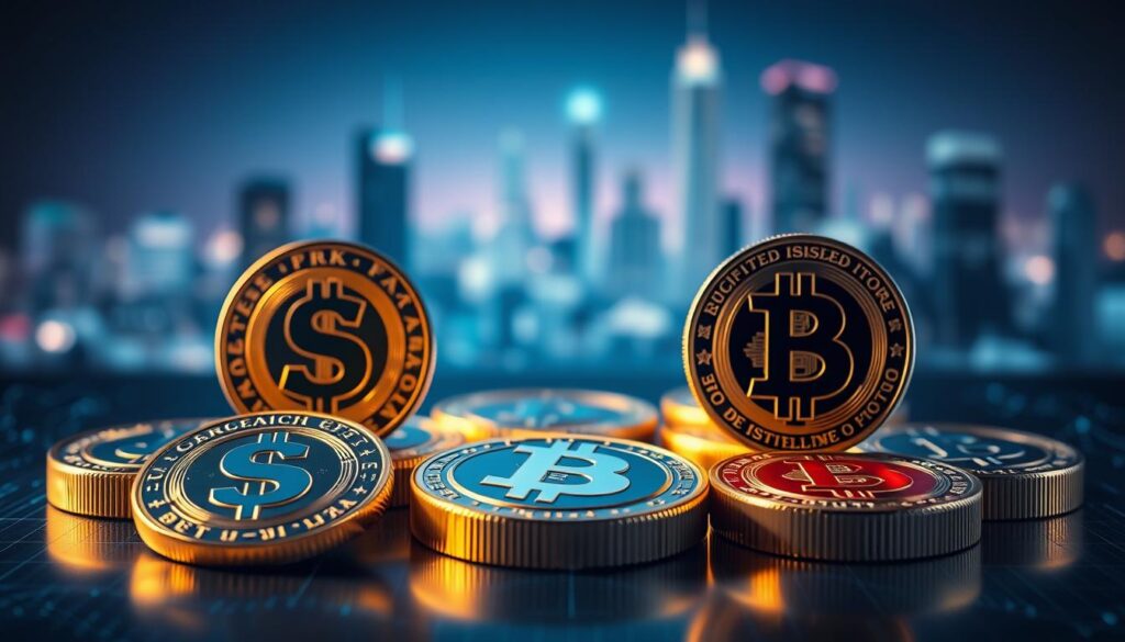A visually striking representation of fiat-backed stablecoins, featuring a collection of digital coins, each prominently displaying iconic fiat currencies like the US dollar, euro, and yen. In the foreground, the coins are arranged in a circular pattern, gleaming with metallic finishes under soft, ambient lighting that highlights their surfaces. The middle ground showcases a digital ledger or blockchain interface, with faint lines connecting the coins to symbolize their stability and backing by traditional currencies. In the background, an abstract city skyline represents the financial ecosystem, blurred to emphasize the coins in the foreground. The mood is professional and futuristic, with a color palette of blue and gold, conveying reliability and innovation, shot from a slightly elevated angle to capture depth.