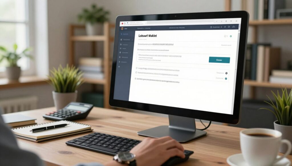 A close-up view of a computer screen displaying a cryptocurrency wallet interface, with an emphasis on a transaction screen where a user is double-checking a long alphanumeric address before initiating a withdrawal. In the foreground, a hand, wearing a professional business watch, hovers over a mouse. In the middle ground, the carefully arranged workspace includes a notepad with a pen, a calculator, and a cup of coffee, all neatly organized. The background shows a soft-focus, well-lit office environment with plants and shelves filled with books. Warm, natural light filters in through a window, creating a calm and focused atmosphere, suggesting diligence and caution. The overall mood is one of professionalism and security, emphasizing the importance of verifying information in cryptocurrency transactions. A close-up view of a computer screen displaying a cryptocurrency wallet interface, with an emphasis on a transaction screen where a user is double-checking a long alphanumeric address before initiating a withdrawal. In the foreground, a hand, wearing a professional business watch, hovers over a mouse. In the middle ground, the carefully arranged workspace includes a notepad with a pen, a calculator, and a cup of coffee, all neatly organized. The background shows a soft-focus, well-lit office environment with plants and shelves filled with books. Warm, natural light filters in through a window, creating a calm and focused atmosphere, suggesting diligence and caution. The overall mood is one of professionalism and security, emphasizing the importance of verifying information in cryptocurrency transactions.