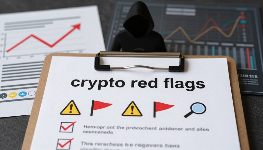 A detailed visual checklist representing "crypto red flags" in a professional and engaging manner. In the foreground, display a clipboard with various warning symbols, such as exclamation marks, red flags, and magnifying glasses, along with checkboxes partially checked. In the middle ground, depict a digital whitepaper with graphics of upward and downward trends, along with social media icons showing mixed reactions. In the background, illustrate a shadowy figure symbolizing deception, overlaid with faint charts and graphs. The scene should be well-lit to evoke a serious yet informative atmosphere, using a slight angle to create depth. Focus on a color palette of red, black, and gray to emphasize caution and alertness. No text or signatures should be present.