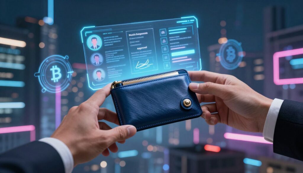 A high-tech multi-signature wallet surrounded by glowing, digital interfaces displaying cryptocurrency icons. In the foreground, two hands in professional business attire reach towards the wallet, demonstrating the concept of multi-user authorization. In the middle, a transparent layer shows a holographic interface detailing transaction approvals, signatures, and user authentication processes. The background features a cyberpunk cityscape with neon lights, emphasizing a digital financial world. Use soft but bright lighting to highlight the wallet, casting subtle reflections on its surface. The mood is innovative and secure, conveying trust and advanced technology. The angle is slightly elevated, providing a comprehensive view of the wallet and the digital elements around it.