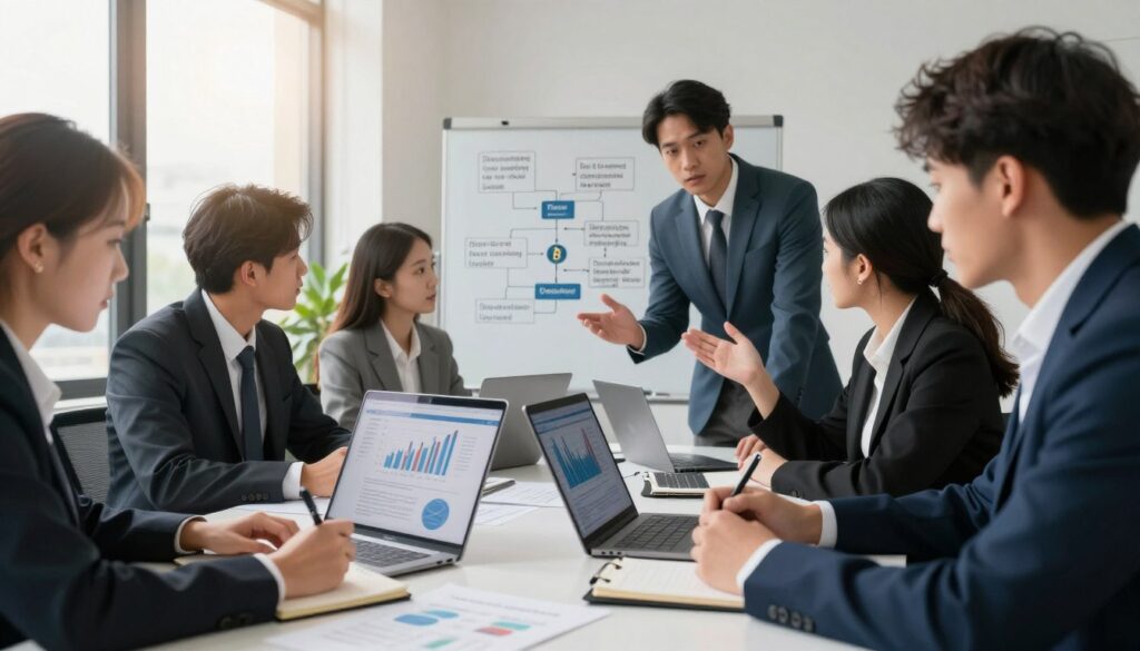 A professional office setting, featuring a diverse group of individuals in business attire, focused on a tabletop covered with documents, laptops, and digital devices displaying graphs related to cryptocurrency. In the foreground, a person attentively takes notes from a laptop, while another gestures to an infographic detailing steps for reporting crypto incidents. The middle ground showcases a whiteboard filled with flowcharts and key points about documenting security breaches. In the background, soft natural light filters through large windows, casting a warm glow on the scene, creating an atmosphere of collaboration and urgency. The composition captures their focused expressions, emphasizing the importance of accurately gathering information during crypto security incidents. A professional office setting, featuring a diverse group of individuals in business attire, focused on a tabletop covered with documents, laptops, and digital devices displaying graphs related to cryptocurrency. In the foreground, a person attentively takes notes from a laptop, while another gestures to an infographic detailing steps for reporting crypto incidents. The middle ground showcases a whiteboard filled with flowcharts and key points about documenting security breaches. In the background, soft natural light filters through large windows, casting a warm glow on the scene, creating an atmosphere of collaboration and urgency. The composition captures their focused expressions, emphasizing the importance of accurately gathering information during crypto security incidents.
