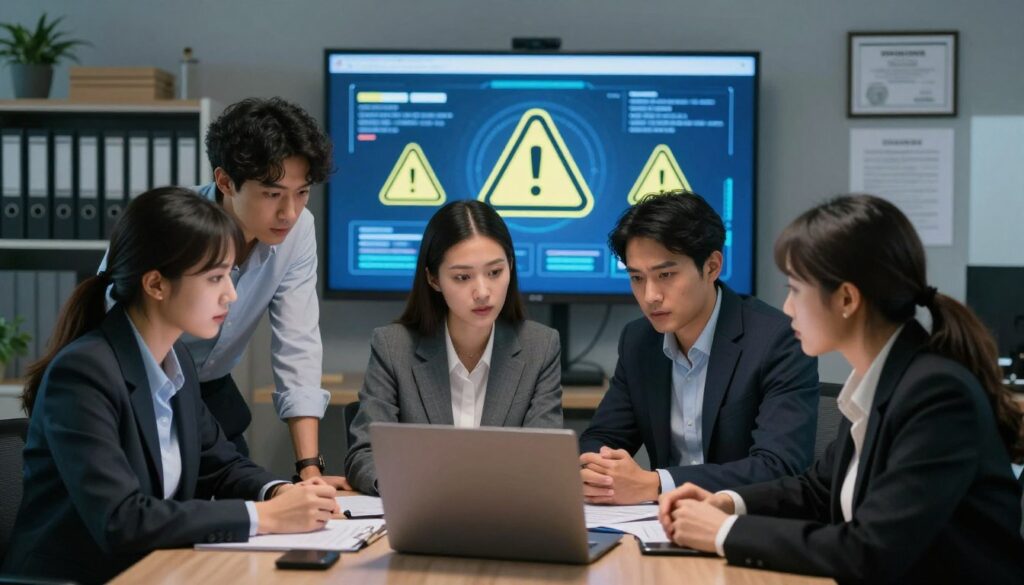 A professional scene depicting individuals reporting a cryptocurrency scam in a modern office environment. In the foreground, a diverse group of three professionals, dressed in smart business attire, are engaged in a serious discussion while looking at a laptop. The middle ground features a large screen displaying crypto-related graphics and warning symbols, symbolizing security threats. The background reveals an organized office space with filing cabinets and certificates on the walls to suggest legitimacy and authority. Soft lighting creates a focused yet urgent atmosphere, emphasizing the importance of reporting scams. Capture the scene from a slightly elevated angle to provide a comprehensive view of the interactions and the technology in use, ensuring it conveys a sense of urgency and professionalism. A professional scene depicting individuals reporting a cryptocurrency scam in a modern office environment. In the foreground, a diverse group of three professionals, dressed in smart business attire, are engaged in a serious discussion while looking at a laptop. The middle ground features a large screen displaying crypto-related graphics and warning symbols, symbolizing security threats. The background reveals an organized office space with filing cabinets and certificates on the walls to suggest legitimacy and authority. Soft lighting creates a focused yet urgent atmosphere, emphasizing the importance of reporting scams. Capture the scene from a slightly elevated angle to provide a comprehensive view of the interactions and the technology in use, ensuring it conveys a sense of urgency and professionalism.