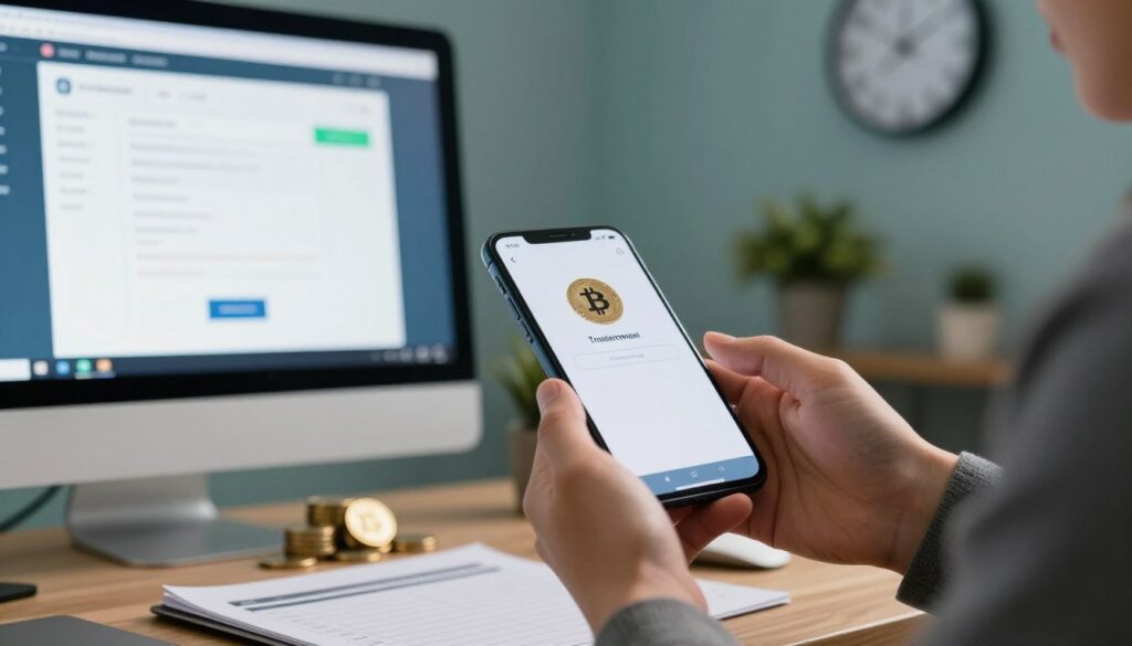 A secure digital wallet interface displayed prominently in the foreground, showcasing a computer screen with a user interface for crypto transactions. A pair of professional hands, one in modest business attire, holds a smartphone displaying a confirmation screen for a small crypto transfer. The middle ground features a blurred stack of cryptocurrency coins and a ledger, symbolizing trust and security. The background reveals a softly lit home office environment with calming blue and green tones, a potted plant, and a wall clock indicating organized time management. The overall atmosphere is one of professionalism and reassurance, implying safety in crypto transactions. The lighting is warm and inviting, creating a sense of confidence and control over the digital financial process, shot from a slight low angle to emphasize the hands interacting with the technology. A secure digital wallet interface displayed prominently in the foreground, showcasing a computer screen with a user interface for crypto transactions. A pair of professional hands, one in modest business attire, holds a smartphone displaying a confirmation screen for a small crypto transfer. The middle ground features a blurred stack of cryptocurrency coins and a ledger, symbolizing trust and security. The background reveals a softly lit home office environment with calming blue and green tones, a potted plant, and a wall clock indicating organized time management. The overall atmosphere is one of professionalism and reassurance, implying safety in crypto transactions. The lighting is warm and inviting, creating a sense of confidence and control over the digital financial process, shot from a slight low angle to emphasize the hands interacting with the technology.