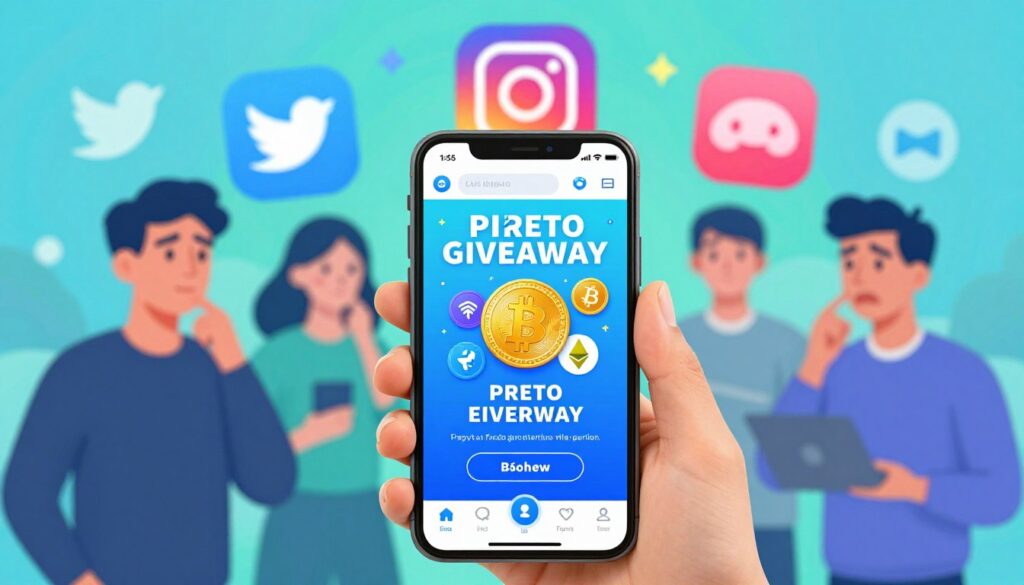 A vibrant digital illustration portraying a deceptive crypto giveaway scene. In the foreground, a smartphone display shows a flashy promotional post with exaggerated claims of free crypto coins, surrounded by icons of popular cryptocurrencies like Bitcoin and Ethereum. In the middle ground, blurred silhouettes of social media users are seen engaging with the post, their expressions reflecting intrigue and skepticism. The background features stylized graphics representing Twitter, Instagram, and Discord logos, suggesting an online environment filled with excitement and potential fraud. The lighting is bright and eye-catching, simulating a lively social media atmosphere, while the color palette includes neon blues and greens to create a sense of urgency and modernity. Overall, the mood is cautionary, highlighting the allure and risks associated with online crypto promotions.