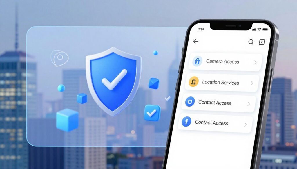 A visually engaging illustration depicting app permission requests in the context of cryptocurrency. In the foreground, feature a smartphone displaying a clear list of typical permission requests such as "Camera Access", "Location Services", and "Contact Access", each with a distinct icon. The middle ground should show a stylized digital interface with elements like a shield and checkmarks, symbolizing security and safety. In the background, create a blurred cityscape with abstract blockchain elements to represent the technological environment of crypto apps. Use bright, modern lighting to enhance the tech ambiance, with a focus on cool colors to convey a sense of trust and professionalism. The overall mood should be informative and reassuring, perfect for an audience exploring app permissions.