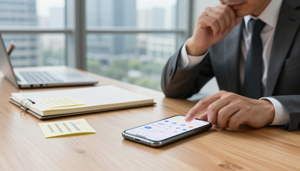 A well-lit, modern office workspace at a slight angle, showcasing a smartphone resting on a sleek wooden desk. In the foreground, the phone displays various app permissions icons, subtly highlighted to emphasize their importance. To the side, a professional in business attire, a middle-aged individual with a focused expression, examines the phone critically, symbolizing caution. In the middle ground, an organized notebook with a pad of sticky notes displaying reminders about mobile security tips, such as 'limit permissions,' 'use two-factor authentication,' and 'check reviews.' The background features a blurred view of a glass window with a city skyline, suggesting a tech-savvy environment. The overall mood conveys awareness and vigilance, with natural lighting creating an inviting yet serious atmosphere.
