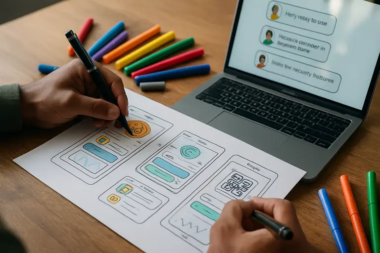 Product team reviewing simple wallet screens on a shared display