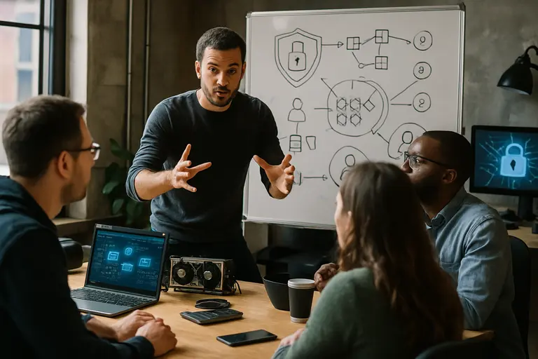 Security team reviewing wallet approvals and governance actions in a meeting