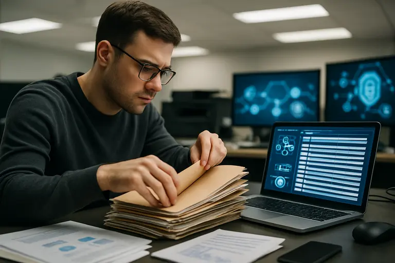 Documents and laptops arranged for a digital asset compliance audit