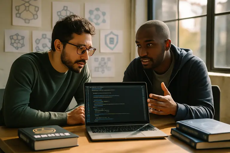 Developers inspecting validation logic and monitoring alerts in a secure workspace
