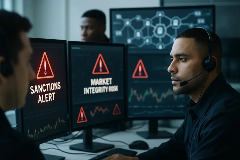 Security team monitoring sanctions alerts and market integrity risk signals