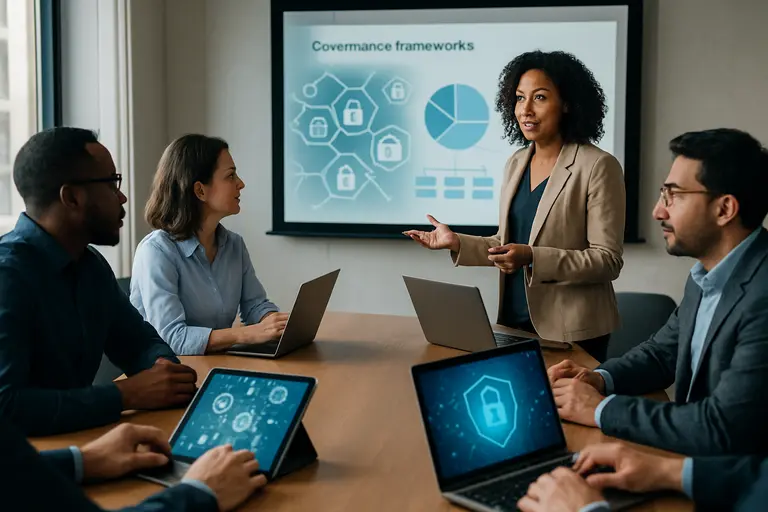 Compliance team organizing crypto incident files and reporting documents at a conference table