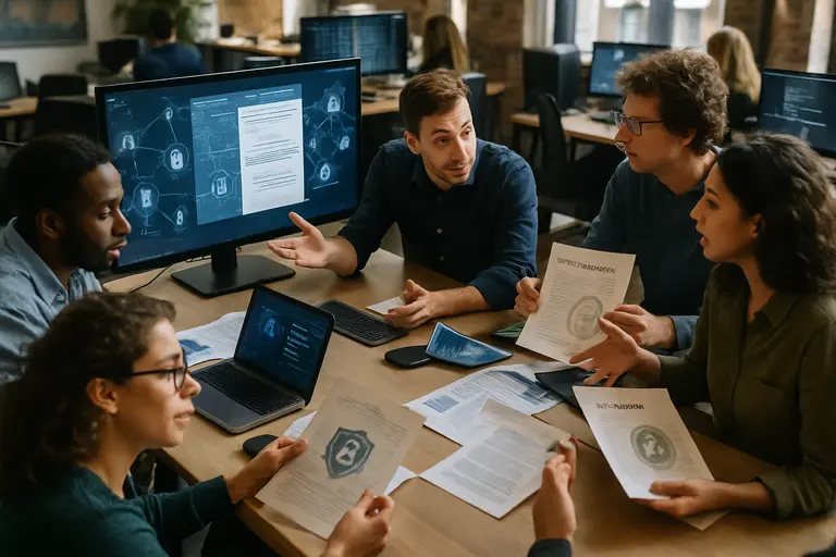 Engineers reviewing access-control tests and incident response documents on screens