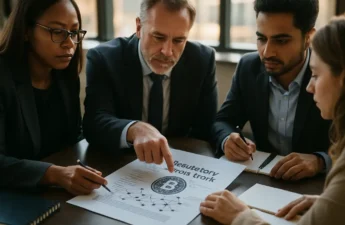 Regulation Crypto Assets review with analysts checking crypto compliance documents