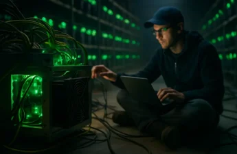 Bitcoin Energy Efficiency dashboard beside mining rigs and power meters