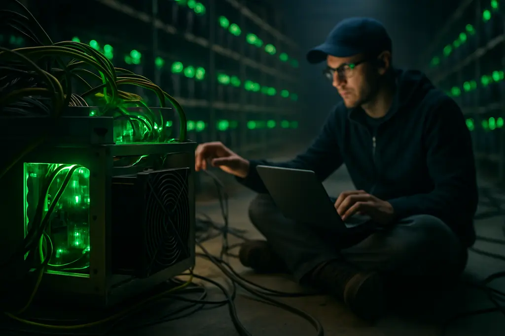 Bitcoin Energy Efficiency dashboard beside mining rigs and power meters