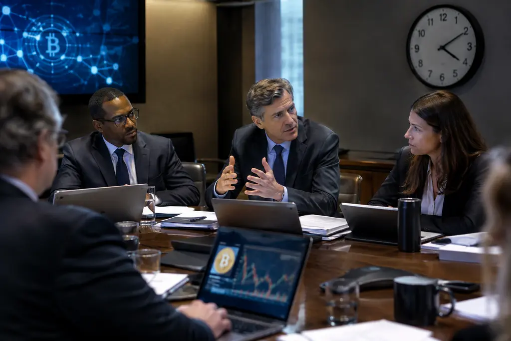 CFTC Crypto Rules briefing with compliance staff reviewing custody and market risk documents