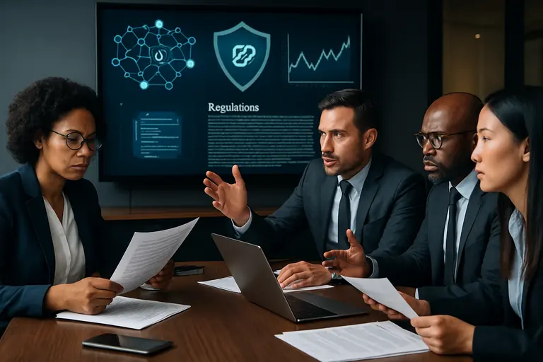 Compliance team discussing crypto transaction monitoring in an office
