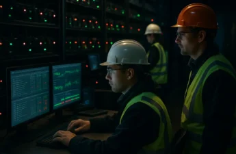 Crypto Mining Demand Response control room with grid load charts and mining racks
