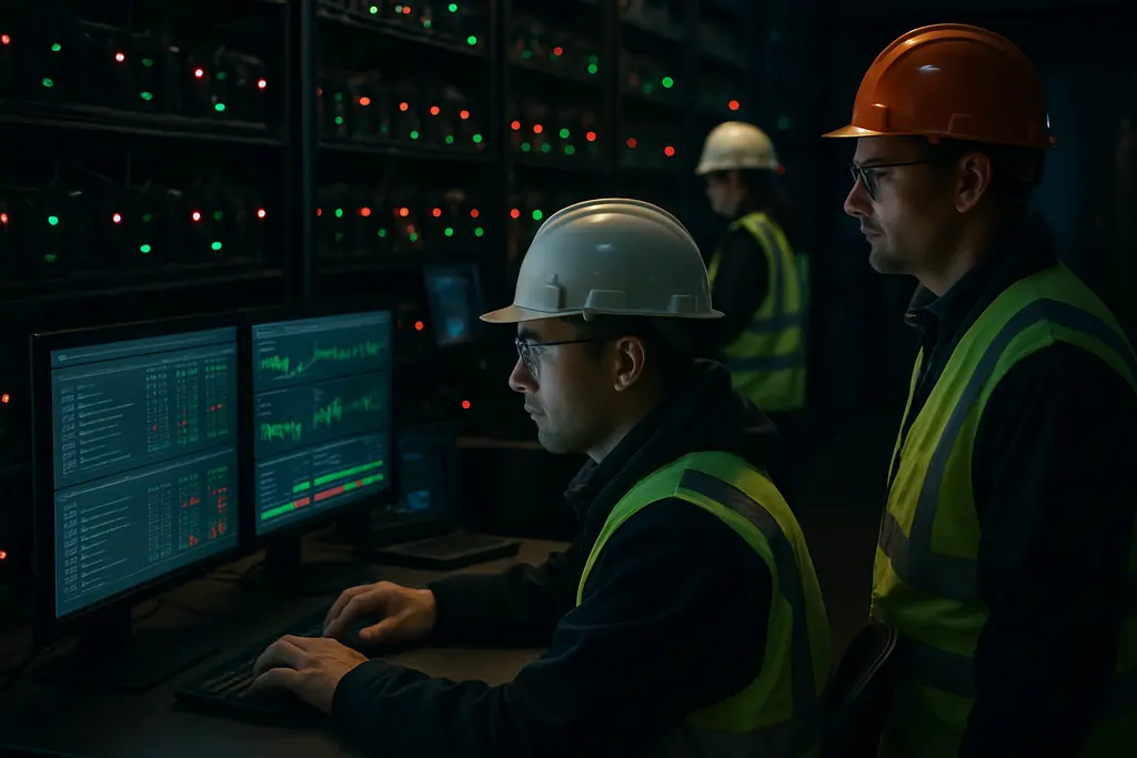 Crypto Mining Demand Response control room with grid load charts and mining racks