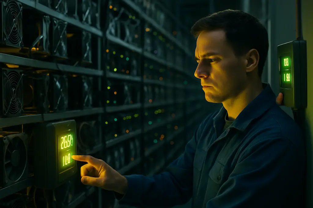 Crypto mining energy control room with servers, meters, and cooling equipment