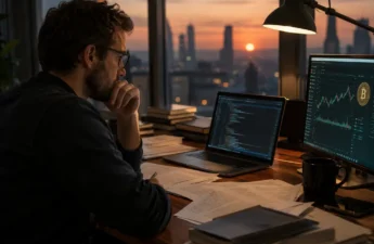 Analyst reviewing crypto regulations beside wallet and compliance diagrams