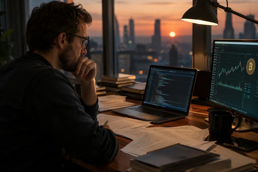 Analyst reviewing crypto regulations beside wallet and compliance diagrams