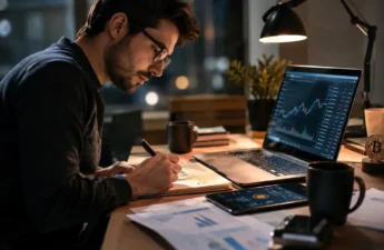Analyst reviewing DeFi Regulations notes beside blockchain compliance diagrams