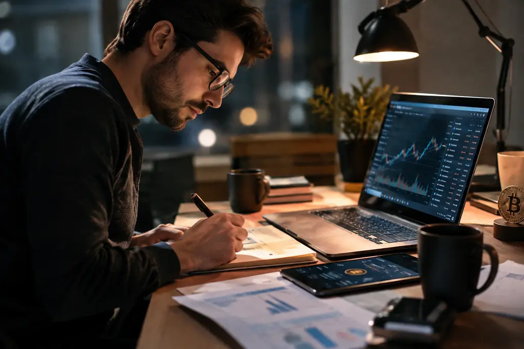 Analyst reviewing DeFi Regulations notes beside blockchain compliance diagrams