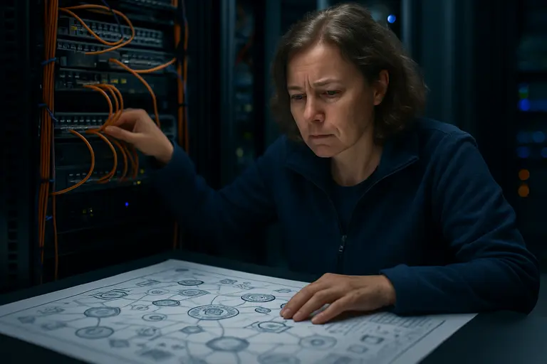 Engineers examining connected network nodes and automated transaction workflows