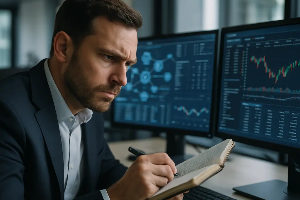 Analysts reviewing onchain adoption barriers on dashboards in a conference room